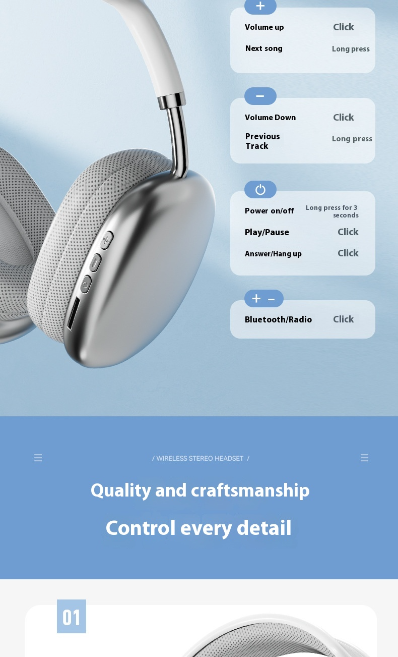 Hot-Selling Compatible with Apple P9 Pro Max Over-Ear Headphones with Deep Bass Wireless Bluetooth Earphones